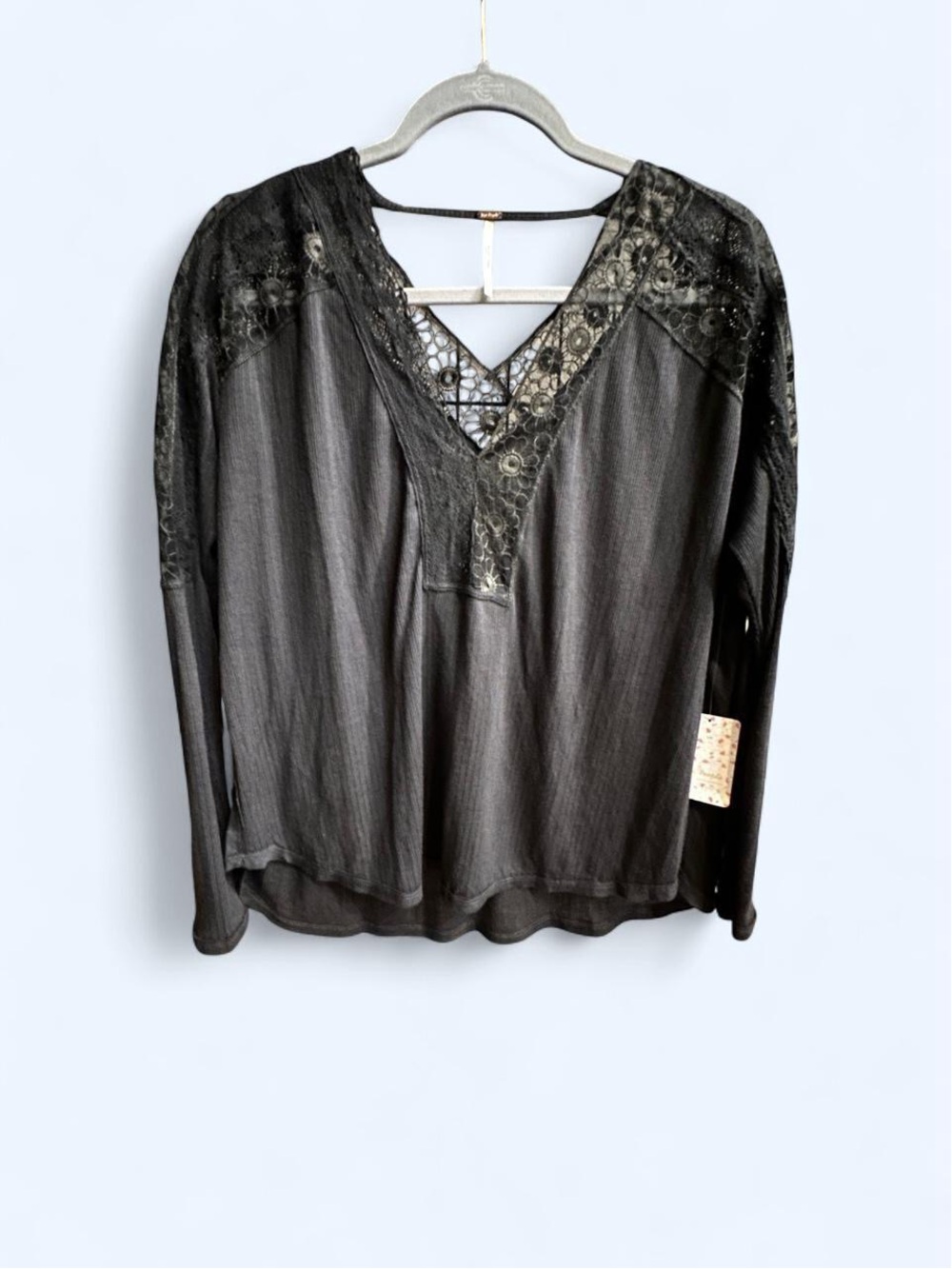 Free People Black Lace-Detail Long Sleeve V-Neck Top